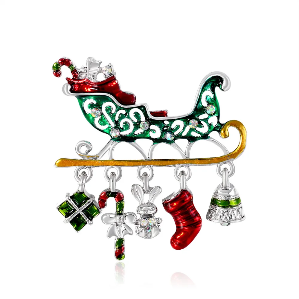 Christmas Sleigh Full of Diamond Brooch Creative Christmas Gift Pendant Pin Alloy Rhinestone Dripping Oil Xmas Chest Flower