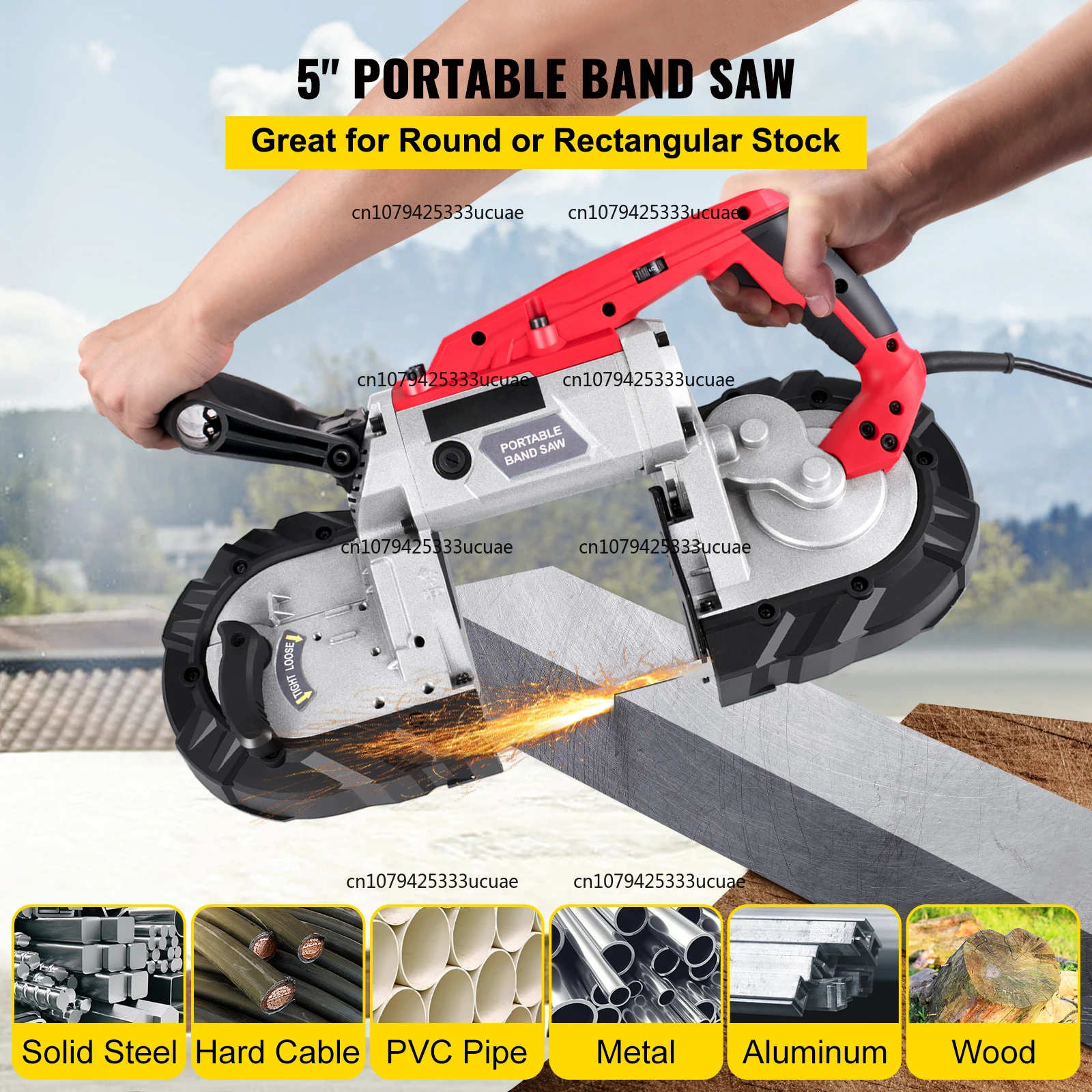 Portable BandSaw 5Inch Cutting Capacity Cordless Variable Speed 10Amp Motor Deep Cut Bandsaw for Metal Wood Pipes Rebar