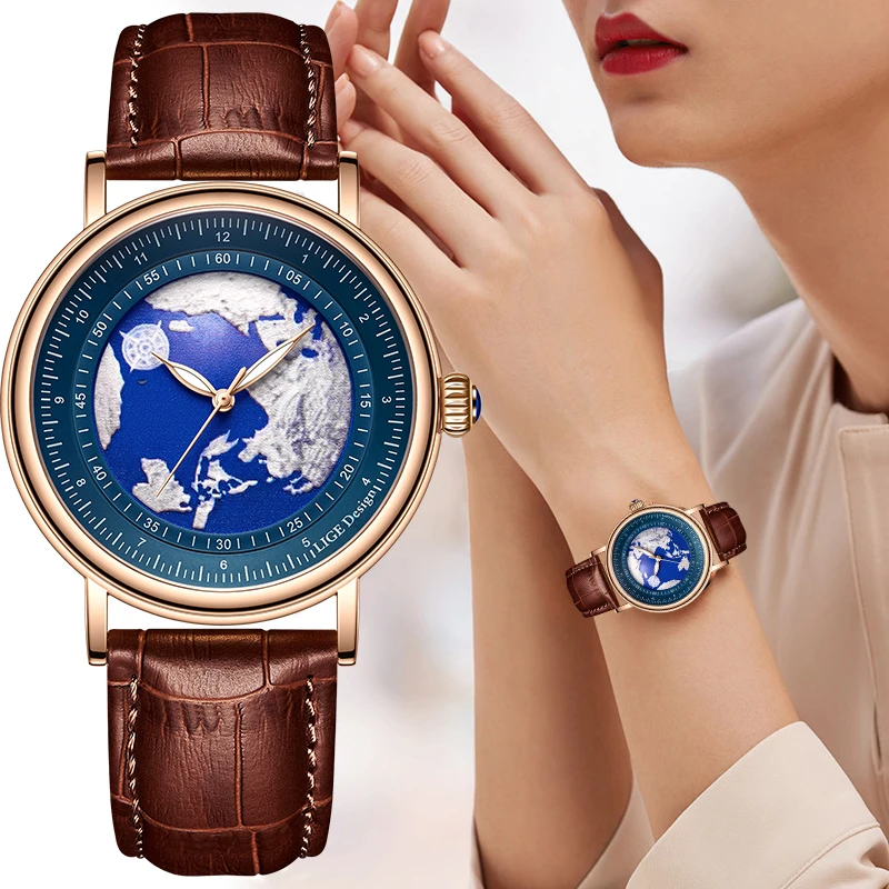 LIGE Brand Fashion Luxury Elegant Quartz Ladies Watch Earth Ocean Casual Sport Leather Strap Watch for Women Waterproof Creative