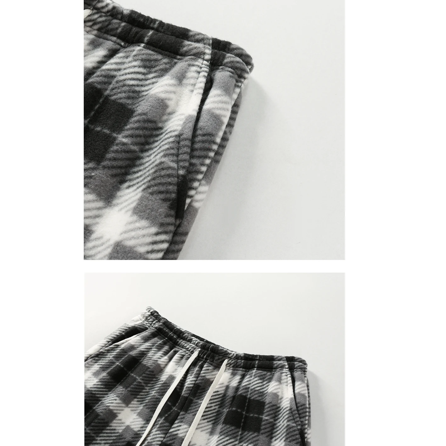 Men Plaid Fleece Wide Leg Pants, Elastic Waist Drawstring, Loose Baggy Casual Trousers, Black White Check Warm Winter Pants - view 4