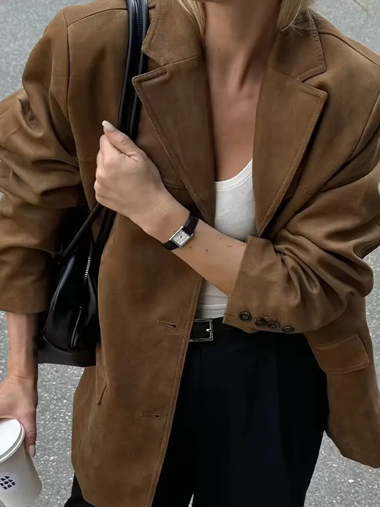 HH Trendy Suede Blazer For Women Autumn Causal Solid Color Single Breasted With Pockets Long Sleeves Lapel Retro Coats