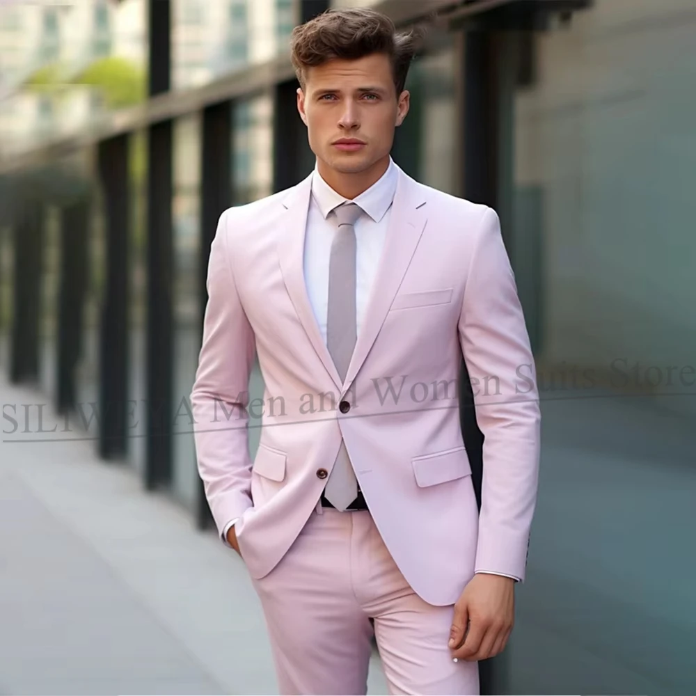

Chic Notch Lapel Men Suits Pink Single Breasted Wedding Tuxedo Slim Elegant Business Casual Daily Formal Male Suit 2 Piece
