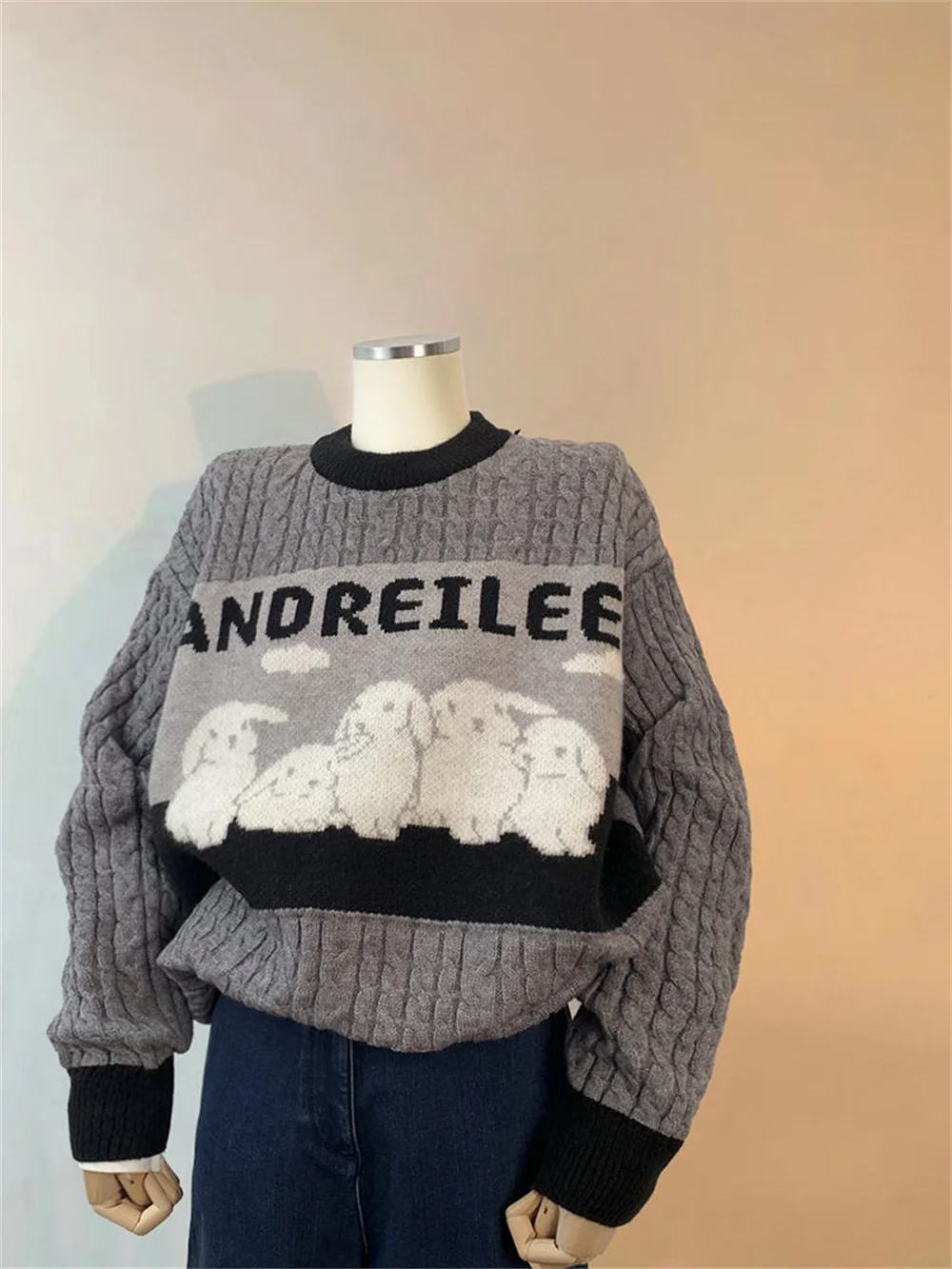 

Grey rabbit twist sweater for women Autumnwinter loose round neck pullover soft waxy milk Whirl knitwear thickened outside