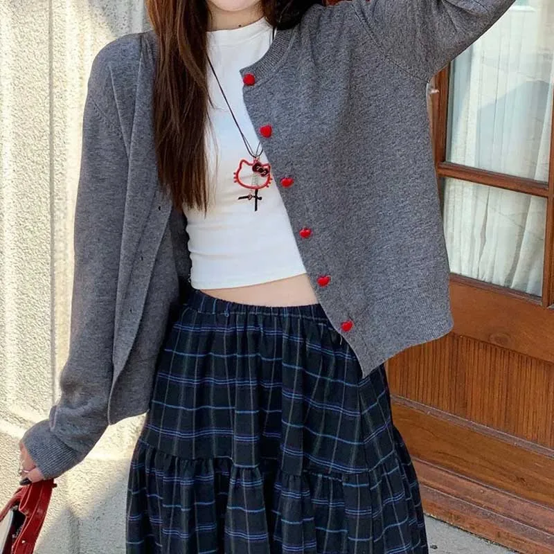 Korean Fashion Loose Cardigan Sweater Long Sleeve New Sweet Knitted Jackets Women Round Neck Casual Coats Heart Shaped Buttons