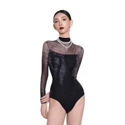 Ballet Leotard for Women High Collar Long Sleeve Swan Print Gymnastics Performance Adult Aerial Yoga Onewear