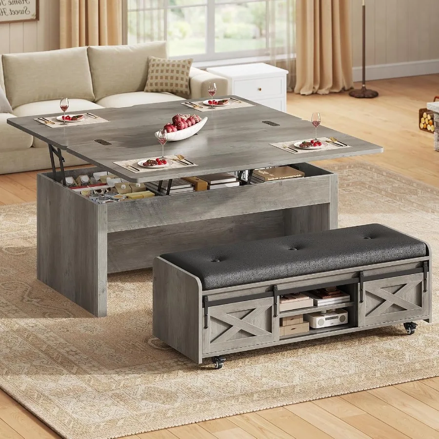 Farmhouse lift top coffee table with storage bench, wood finish, rustic brown, 4-in-1 convertible design for 4-8 people, hidden