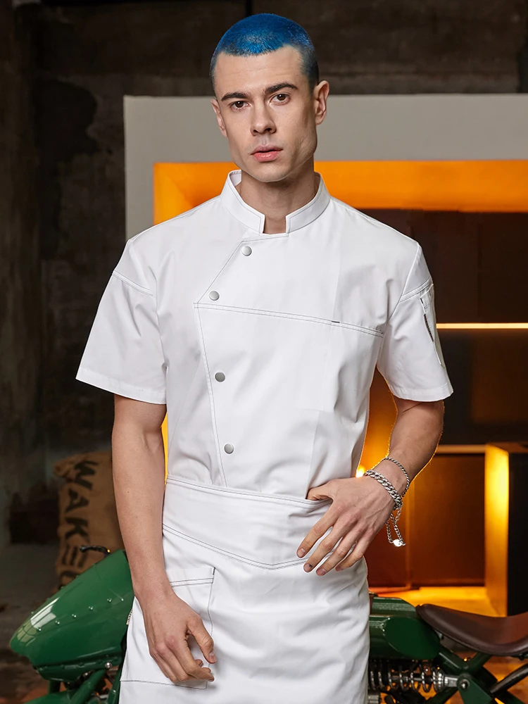 Men's Chef Coat Catering Uniform Short Sleeve Kitchen Work Jacket Hotel Restaurant Cooking Shirt Waiter Bakery Bar Work Clothes