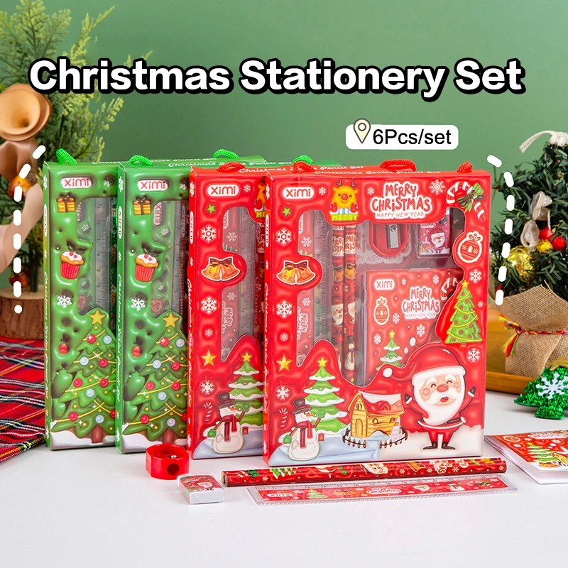 

6Pcs Christmas Stationery Set Kids Cartoon Pencils Eraser Ruler Memo Pads Sharpener Set School Supplies Student Prize Gift