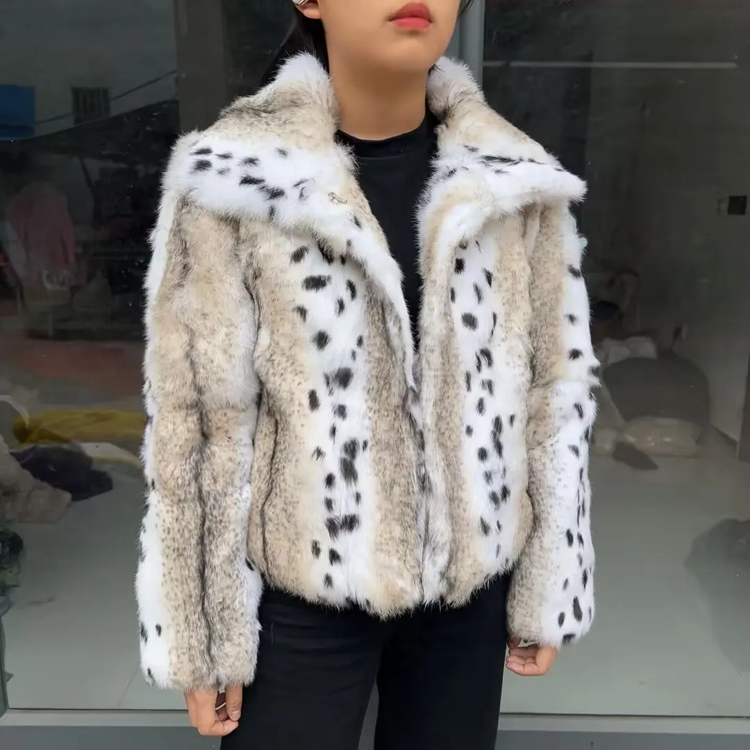 Women's real rabbit fur coat with spray pattern texture winter fashion lapel rabbit skin jacket