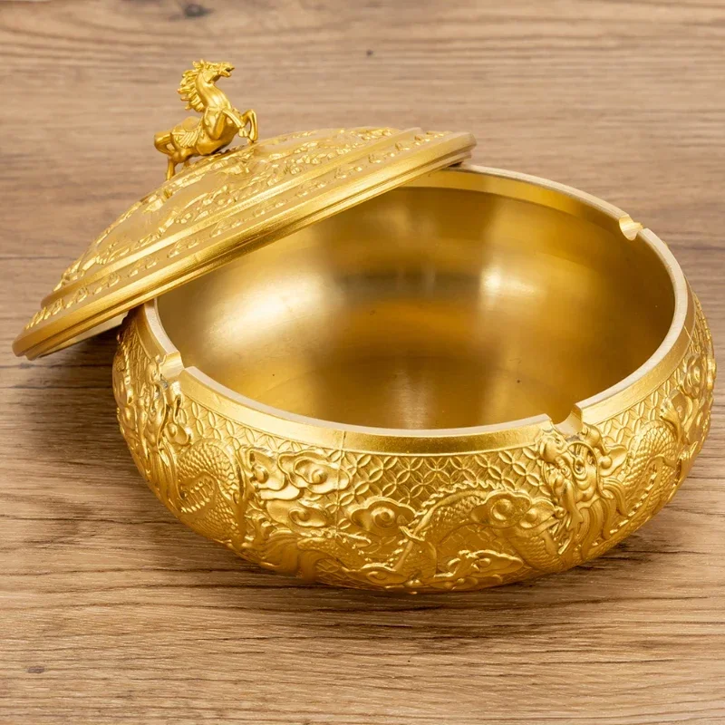 

Ashtray office high-end anti fly ash large with lid creative decoration ashtray pure brass home living room