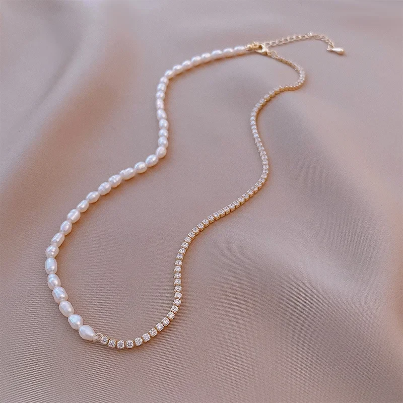 

Crushed Silver Spliced Pearl Choker Necklace for Women Delicate CZ Clavicle Chain Handmade Bride Wedding Gift Jewelry​