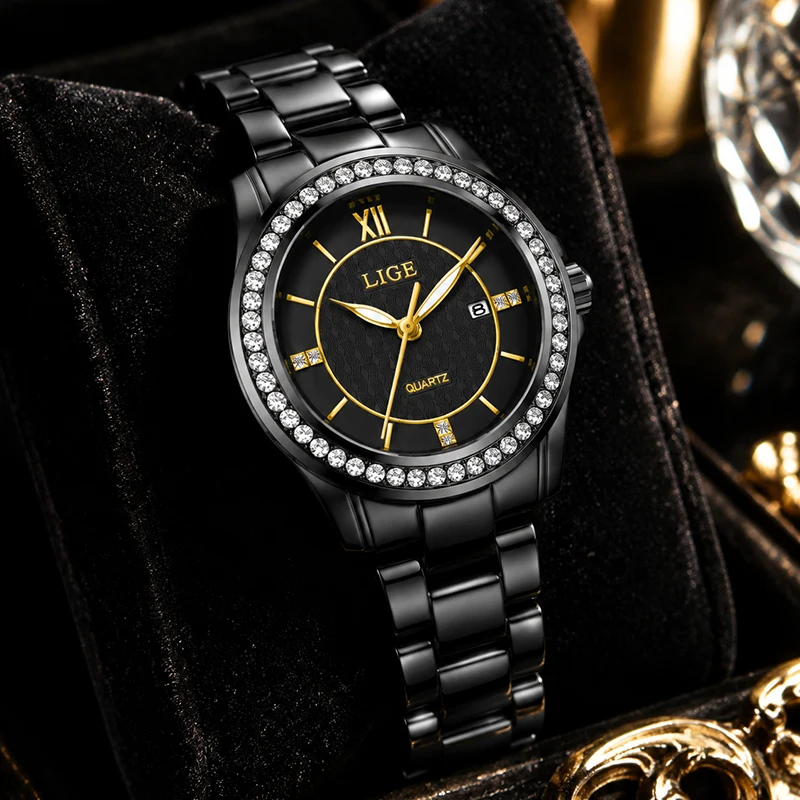 LIGE New Luxury Women's Quartz Watch Black Gold Diamond Bezel Bracelet Watch for Women Fashion Elegant Ladies Wristwatch Gift