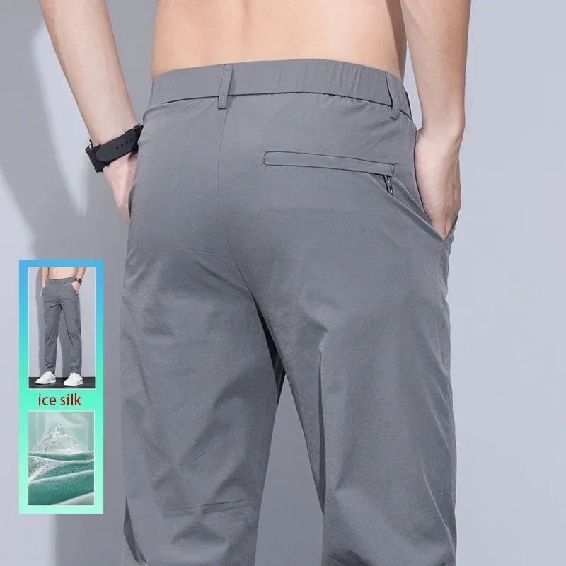 

Men's Ice Silk Trousers Solid Color Korean Loose Breathable Straight-Leg Casual Pants Thin Quick-Drying Sports With Pockets