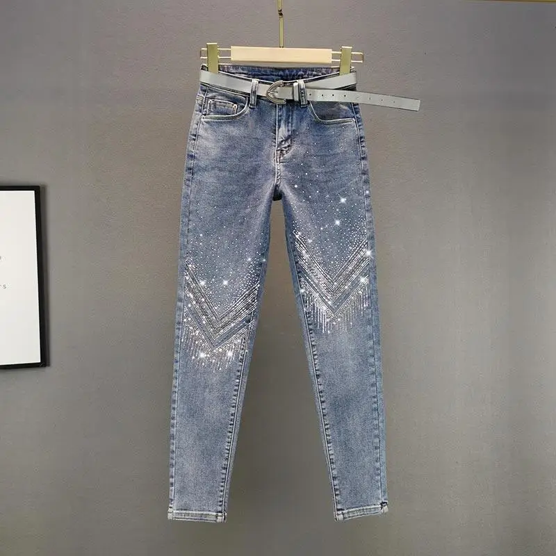 2026 New Women's High Waist Skinny Jeans Rhinestone Decorated Cotton Stretch Cropped Tapered Slim Fit European Fashion Denim