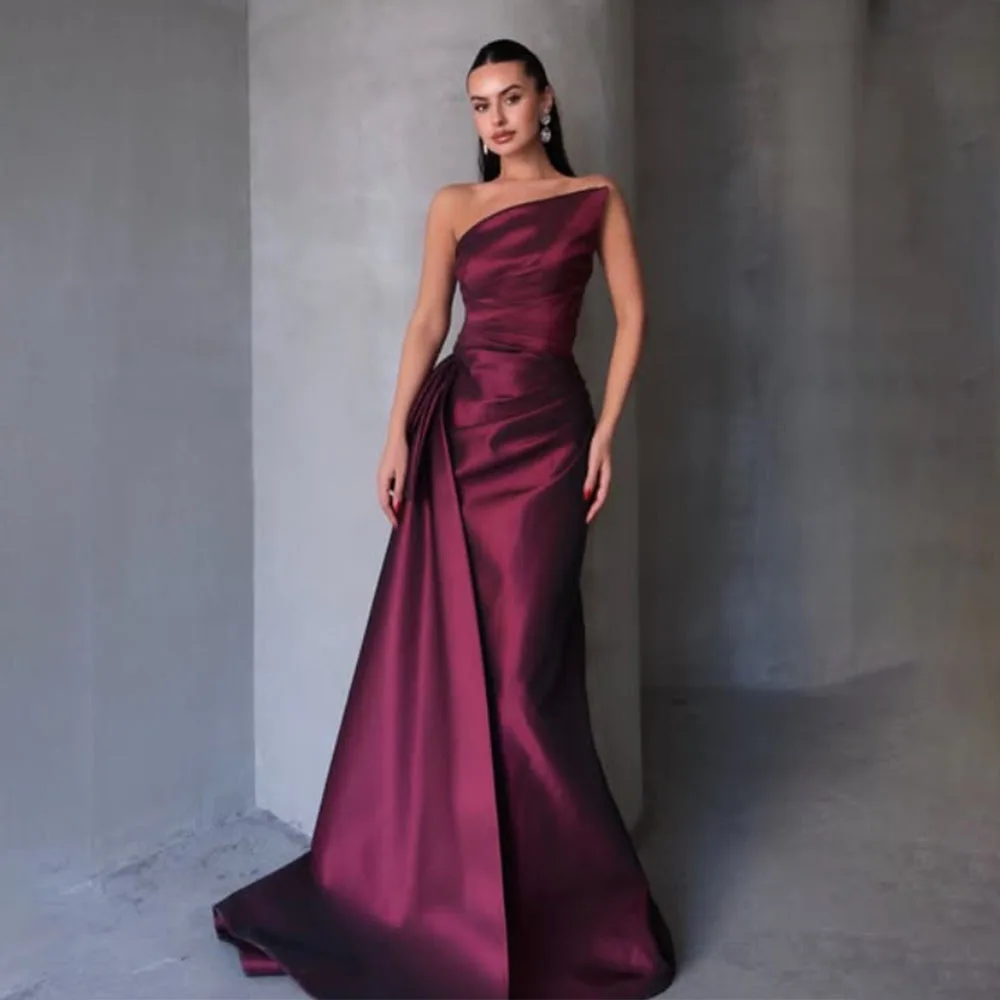 Di alta Qualità Personalizzato Senza Spalline A-line Macchia di Lunghezza Del Pavimento Senza Maniche Rughe Abiti De Mujer Elegantes Para Fiesta 2025