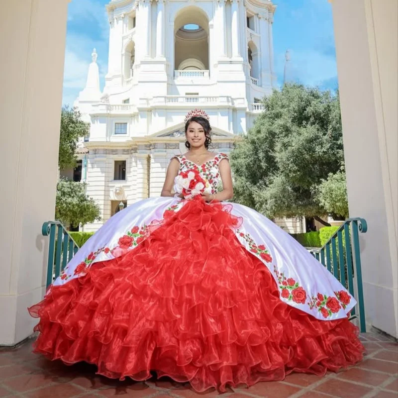 Red Quinceanera Dress off-shoulder Lace  layering glitter flower decal Long tail vestidos de 15 Quinceanera ﻿Customize