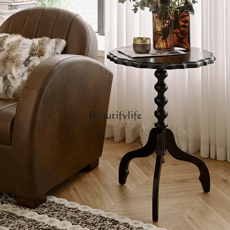 French retro solid wood small round table small apartment living room sofa edge can be moved