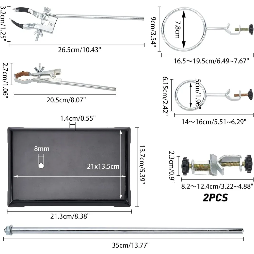 Set dengan dasar yang dilapisi (8.3 "x 5.4") batang (panjang 13.8 ") 2 cincin Retort satu penjepit Flask satu penjepit Retort rahang dan satu penjepit jari Lab