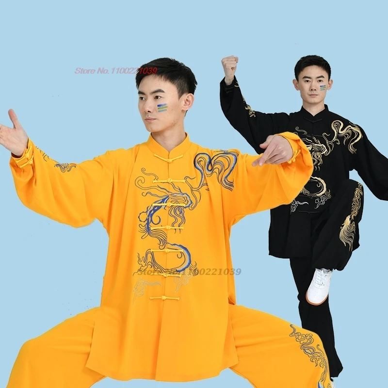 

2024 chinese kung fu tai chi martial arts taijiquan wushu uniform national dragon embroidery tops+pants set exercise performance