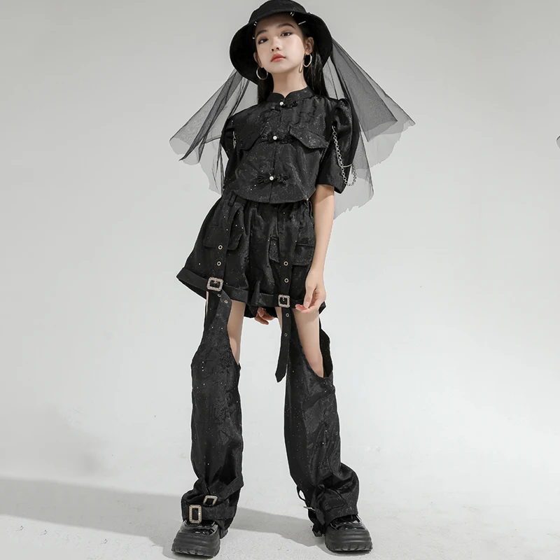 Disfraz de baile de Jazz para niñas, traje negro con abrigo y pantalones, ropa de Hip Hop, traje de actuación de escenario de grupo de pasarela, BL13315