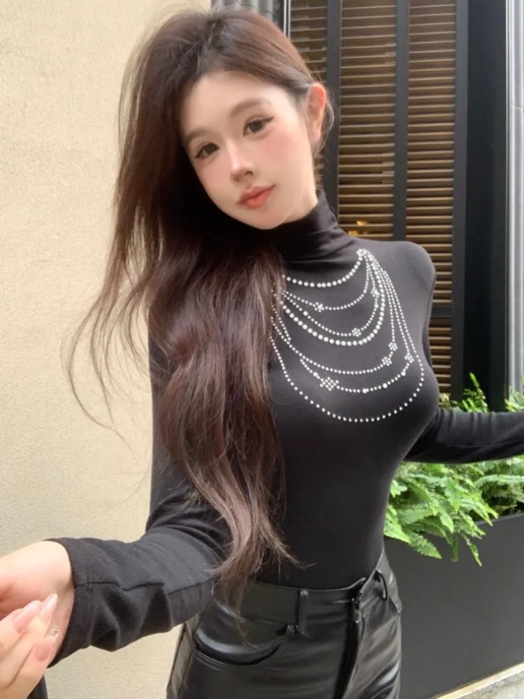 

Korean Style Slim Fit Long Sleeve T-Shirt High Collar Diamond Embellished Women's Fashion City Walk Breathable Autumn Top