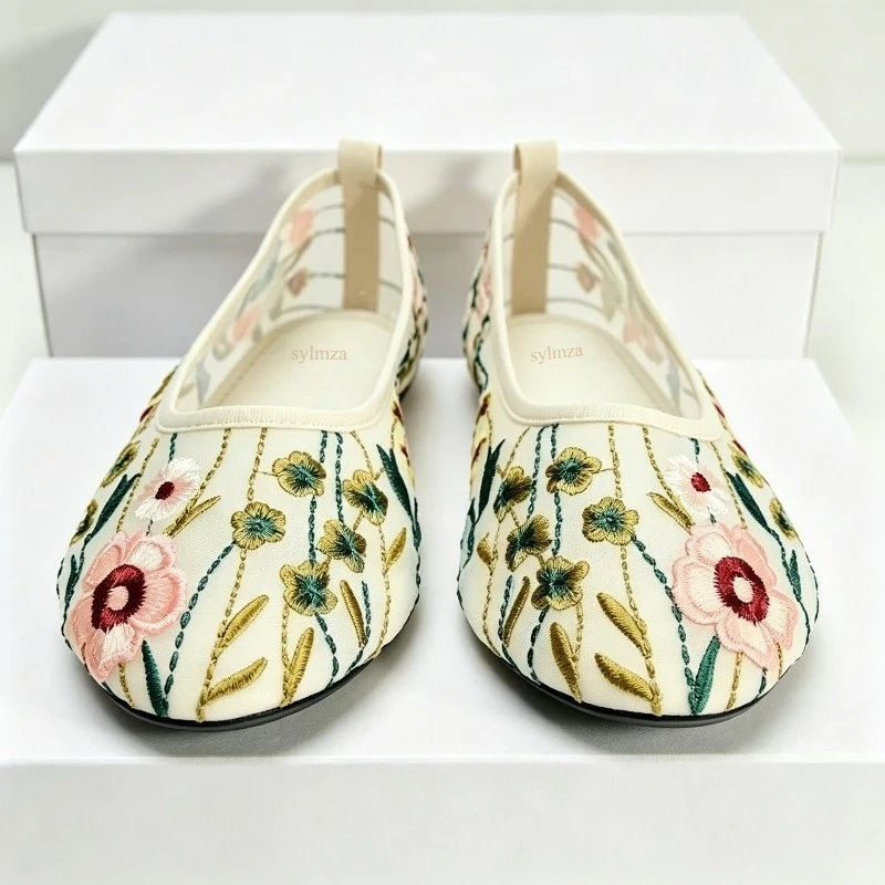 Round Toe Mesh Ballet Flats Shoes Women Embroidery Flower Mary Jane Shoes Shallow Soft Sole Fashion Brand Dress Shoes Women