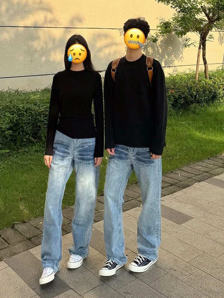 

Cleanfit расклешенные джинсы с американским молниями, футболка Long Sve для мужчин и женщин, одинаковый комплект осенней модной одежды, повседневный комплект...