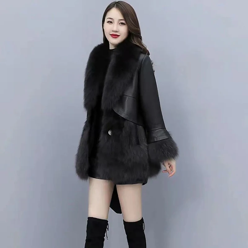 New Stitching Imitation Fur Jacket Women Overcoat Loose Warm Cotton-padded Coat Winter Imitation Fox Fur Coat Female Parker Coat