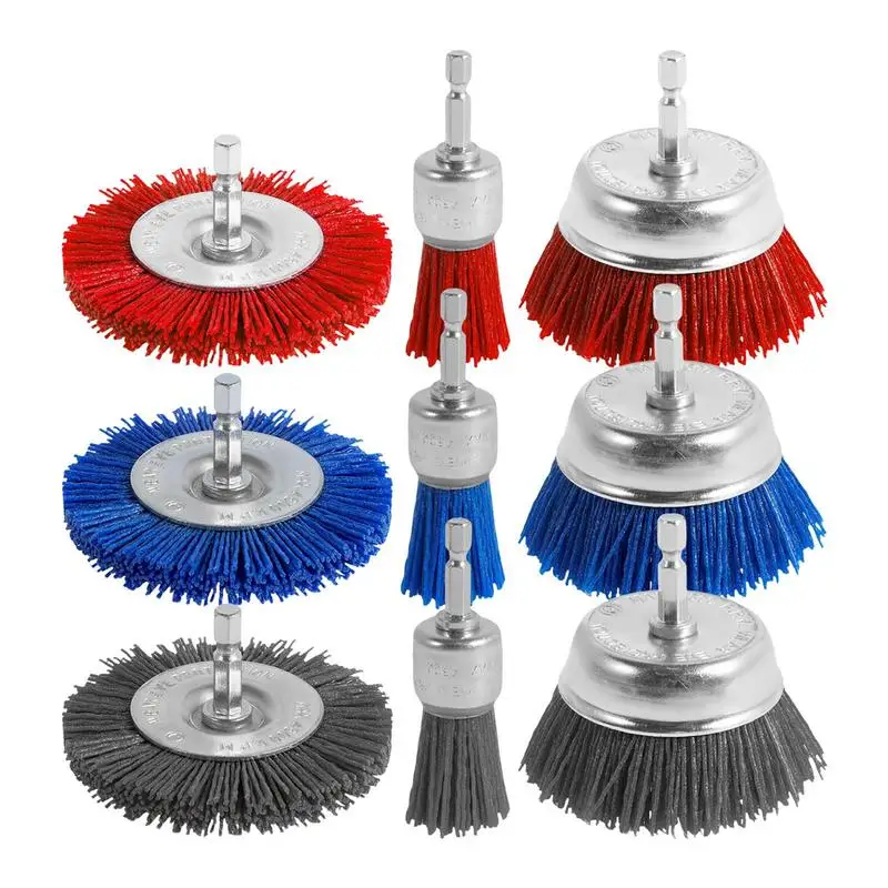 Wire Brush For Drill Set Nylon Wire Bristle Drill Wheel Cup Brush High-Performance Abrasive Brushes 9-Piece Set Drill Driven For