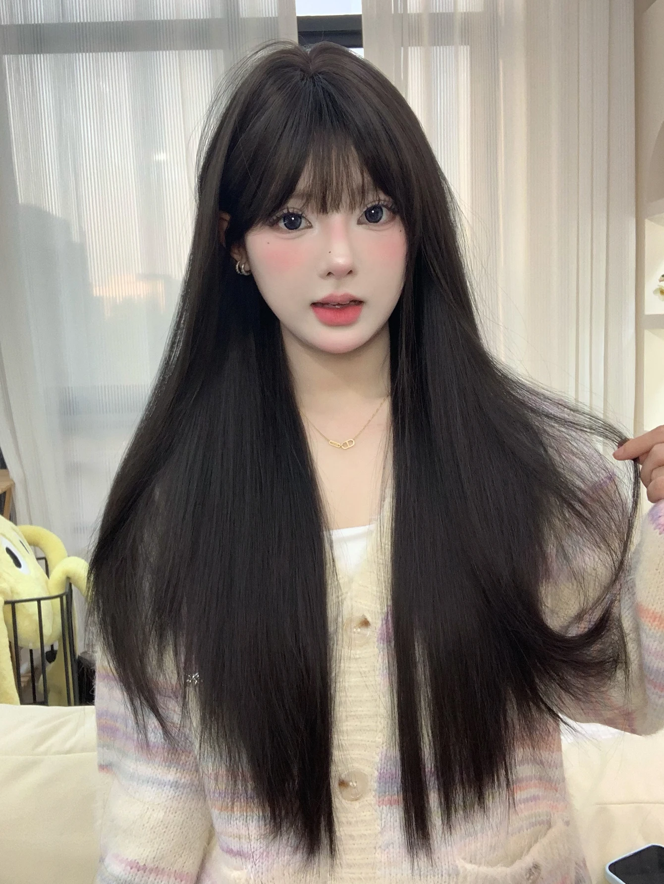 30Inch Black Pretty Girlish Synthetic Wigs With Bang Long Natural Straight Hair Wig for Women Daily Use Cosplay Heat Resistant