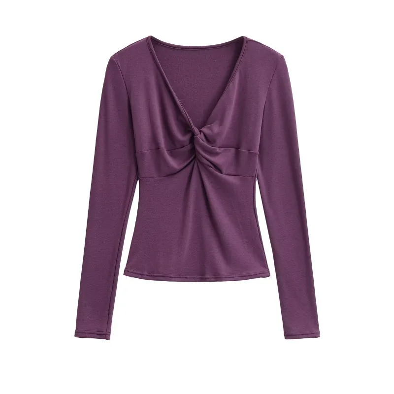Elegant Mature Woman Twisted V-neck Long-sleeved T-shirt Women's Knitted Base Layer Slimming Form-fitting Inner Layer Top Spring