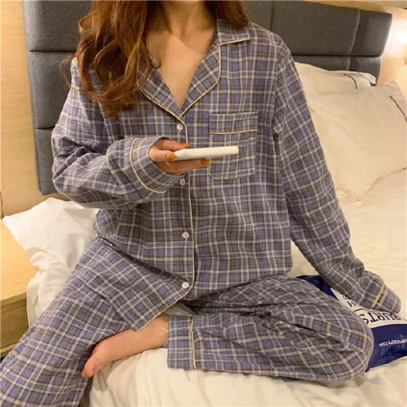 2023 Checked Pajamas trouser suits Korean Style Sleepwear Long Sleeve Cardigan for Women Pyjamas Femme Home and Sleep Clothes