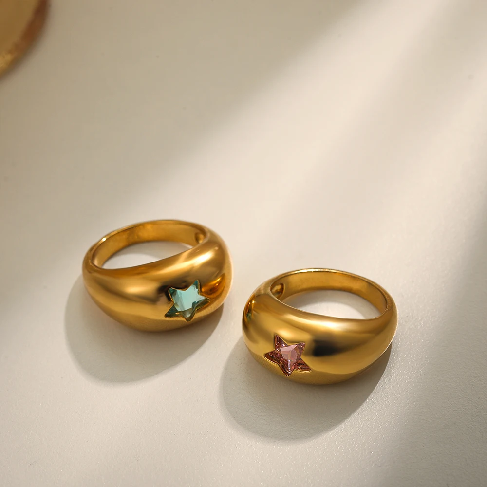 

Cute Stainless Steel Pink Blue Color Crystal Star Chunky Rings for Women Glossy Gold Plated Round Finger Ring Statement Jewelry