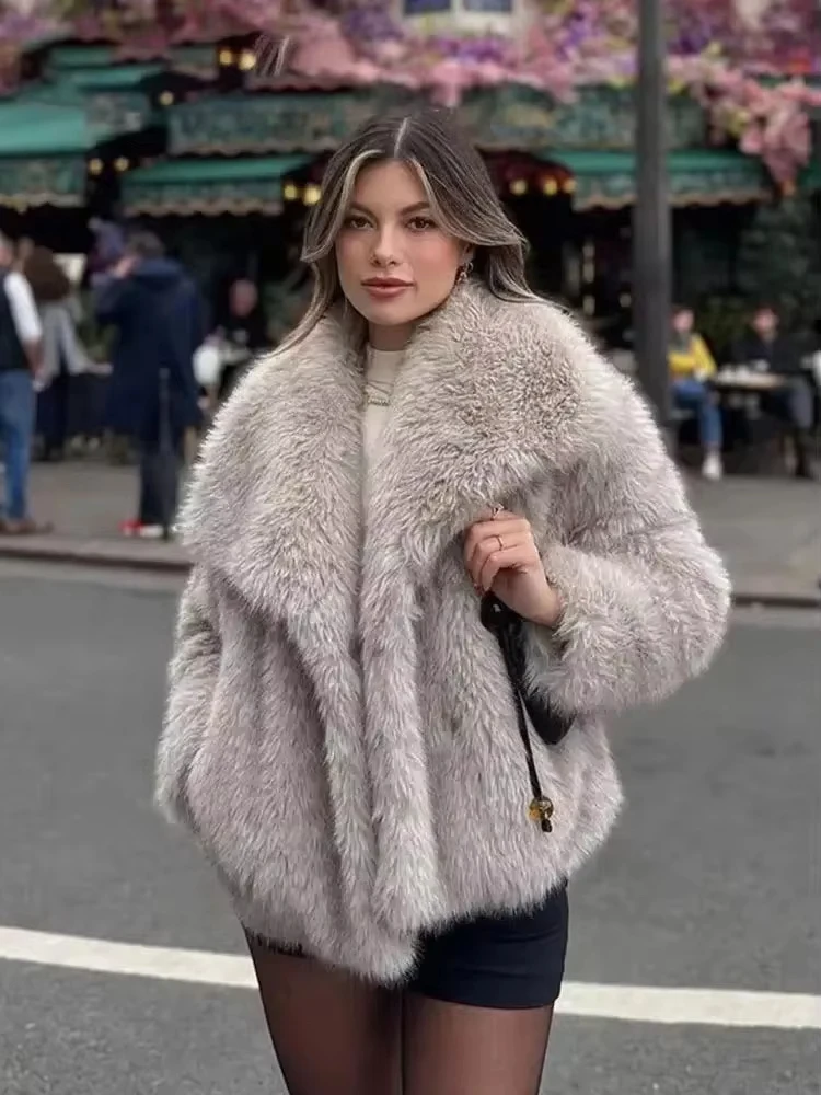 HH Women Faux Fur Jacket Coat Casual Loose Long Sleeve Lapel Warm Coats Female Winter Fashion Lady Chic Streetwear Jakcets