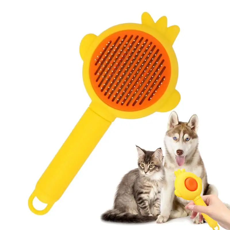 Cute Cat Brush with Release Button Cat Comb Pet Supplies Dog Hair Remover Brush Ergonomic Handle Detangling Brush