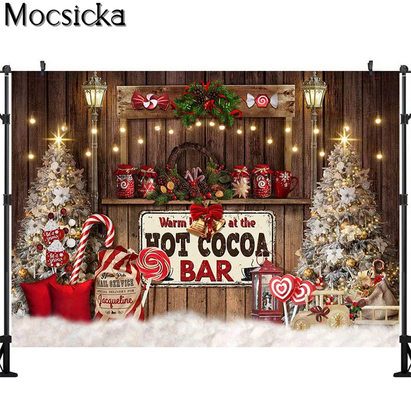 Hot Cocoa Bar Backdrop for  Photography Candy Cane Christmas Background Winter Chocolate Photoshoot Kids Baby Photo Props Booth