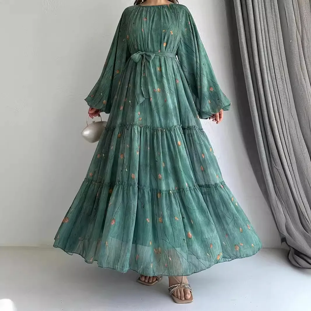 Ladies' New Dress Muslim Chiffon with Belt Robe Fashionable and Elegant Temperament Commuter Spring New
