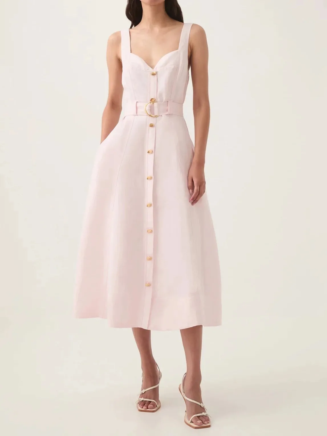 

Metal Button Women's Sling Robe Summer 2025 Single Breasted Sleeveless High Waist Elegant Ladies Midi Dress