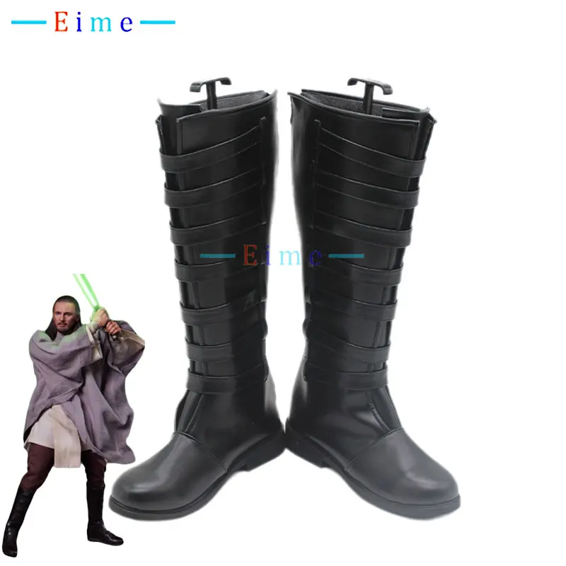 Qui Gon Jinn Cosplay Shoes Skywalker Cosplay Props  Anime PU Leather Shoes Halloween Carnival Black Boots Big Size Custom Made