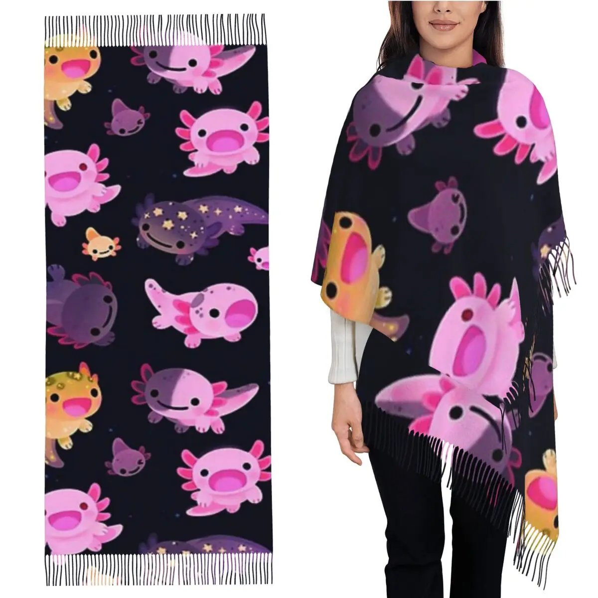 

Шарф Happy Axolotl, шарфы с кисточками для женщин, мягкие теплые шали и накидки, длинная осенне-зимняя шаль