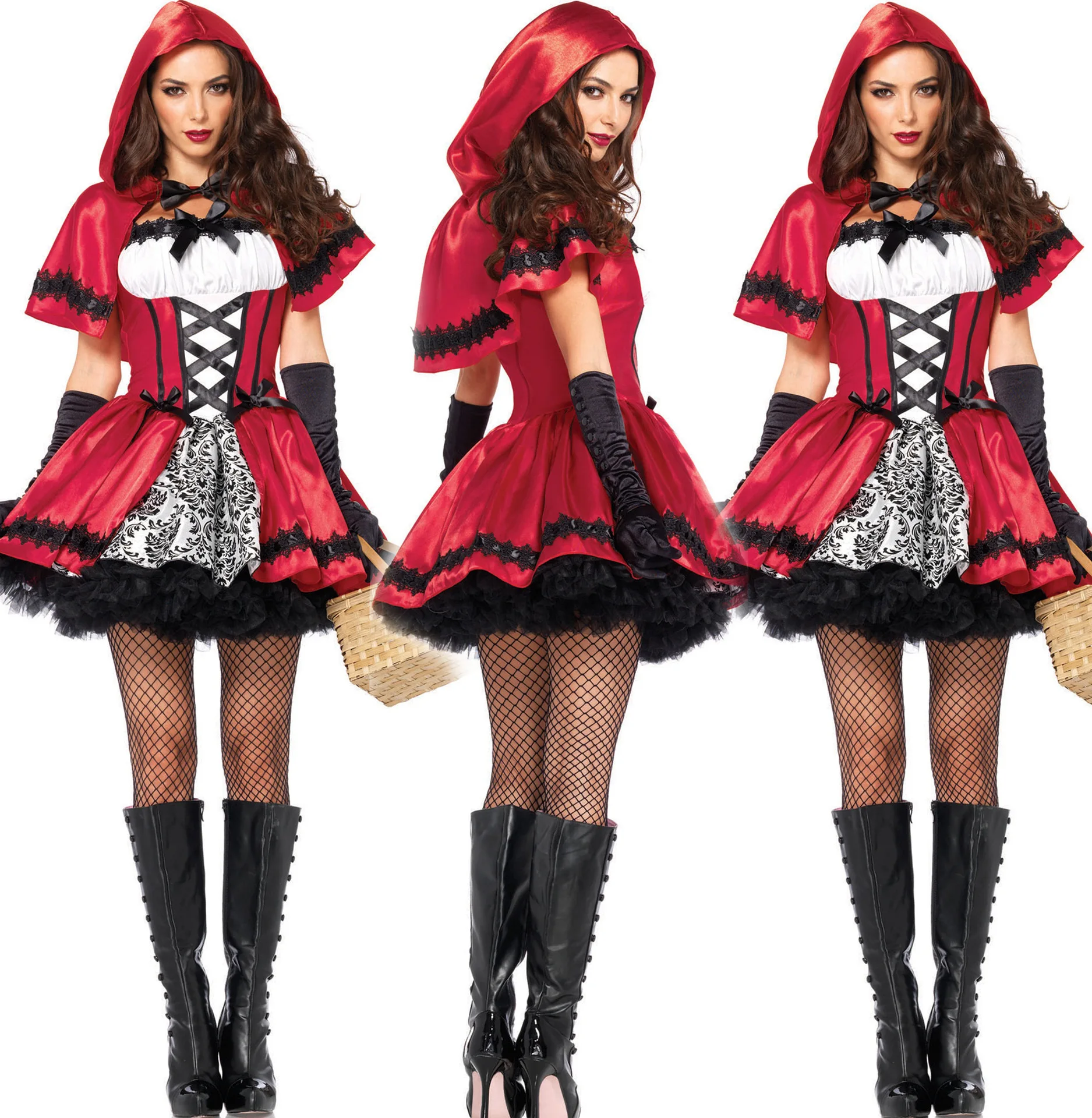Vestido Sexy de Caperucita Roja para mujer, disfraz de Halloween, talla grande, Color rojo vino, vestidos de Cosplay para fiesta o traje de Carnaval