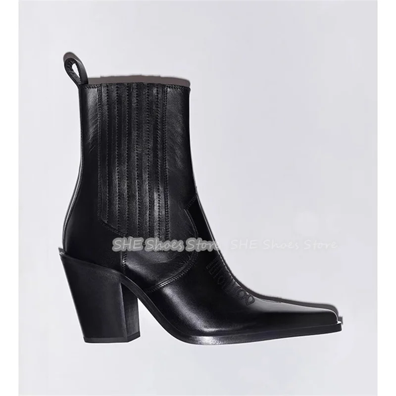 

Retro Pointed Toe Chunky Heel Western Cowboys Women Boots Handmade Genuine Leather Short Boots Ladies Party Dress Shoes