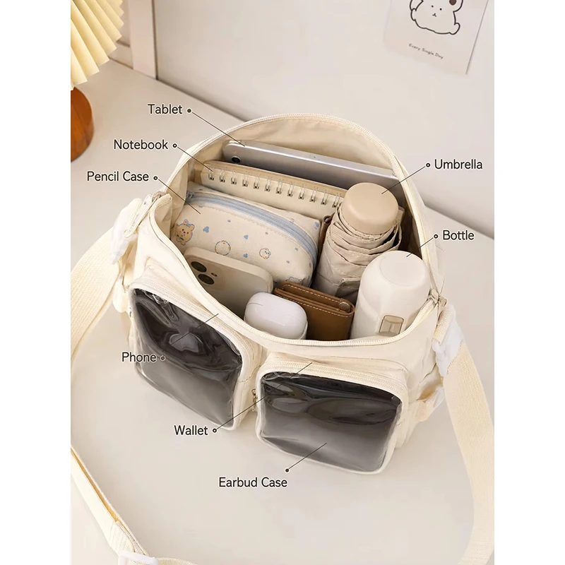 Transparente Ita-Umhängetasche mit Sichtfenster, mehreren Taschen und verstellbarem Riemen, niedliche Messenger-Tasche – Detail 6