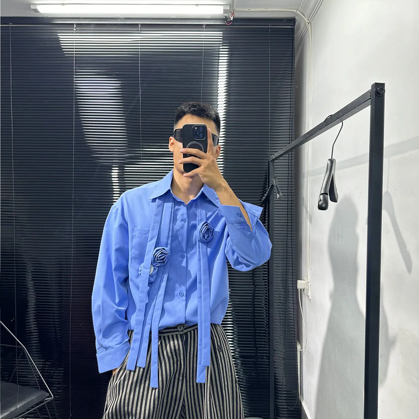 Dark Design Sense Avant-Garde Three-Dimensional Flowers Shirt with Ribbon Men's Autumn Loose Retro Idle Style All-Matching