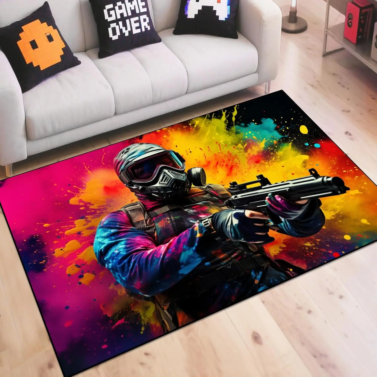 Color Splash Shooter Soldier Rug, Tactical Gamer Character Print, Non-Slip Washable Soft Mat for Living Room Sofa Dining Room