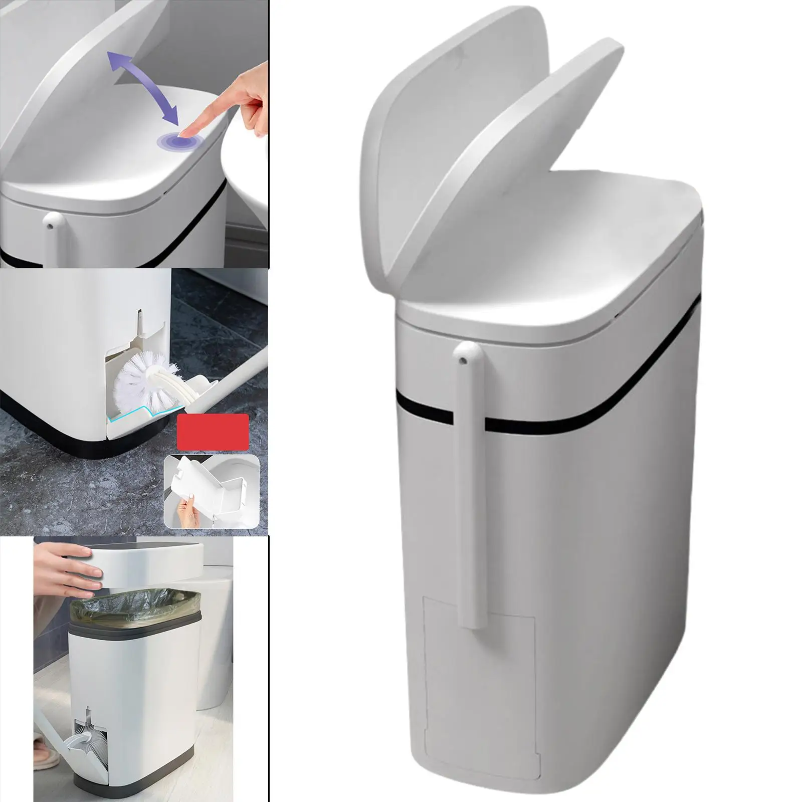 Narrow Trash Can with Toilet Brush Wastebasket Dustbin Bucket for Kitchen RV