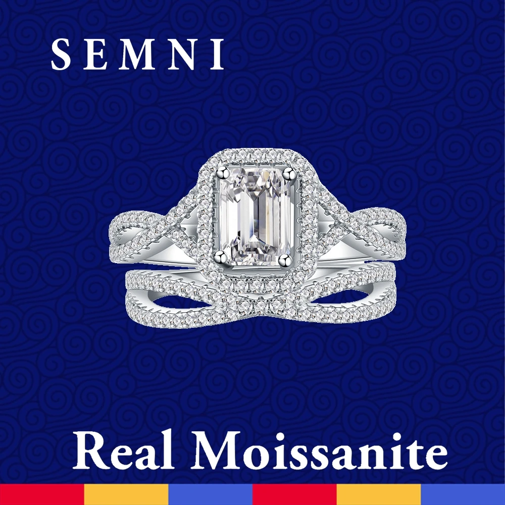 

SEMNI 2.0ct 6*8mm Emerald Cut Tow Piece Set Moissanite Diamond Ring for Women Ruby Sapphire Engagement Band 925 Sterling Silver