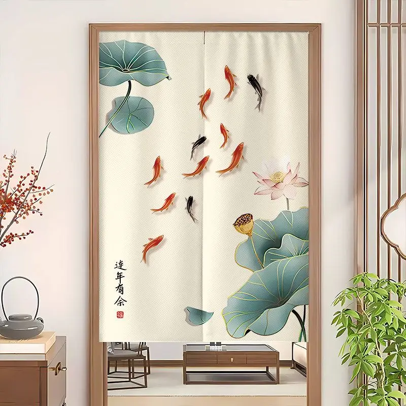 VIKAMA Oriental Lotus Koi Noren Curtain, Ink Wash Painting Fish Pattern, Traditional Japanese Style Kitchen Decor