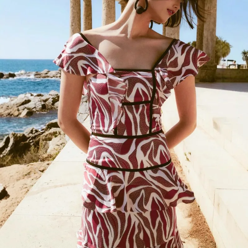 2025 여름 여성 러플 보헤미안 맥시 드레스 우아한 Y2K 반팔 V넥 코르셋 백리스 프린트 레이어드 휴가 비치 드레스