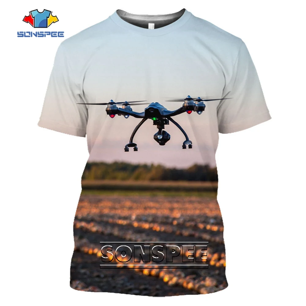 SONSPEE Agricultural Drone Pattern 3D Printed Casual Quadcopter Racing Original Collar T-shirt Men Women Punk Hip-hop Farm Tops